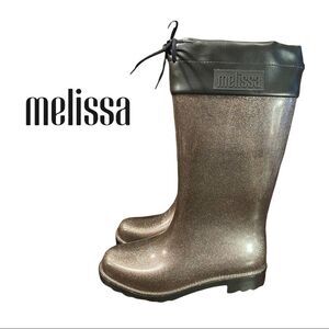 Melissa Wellingtons Women's Black Glitter Lug Sole Rain Boots 7
